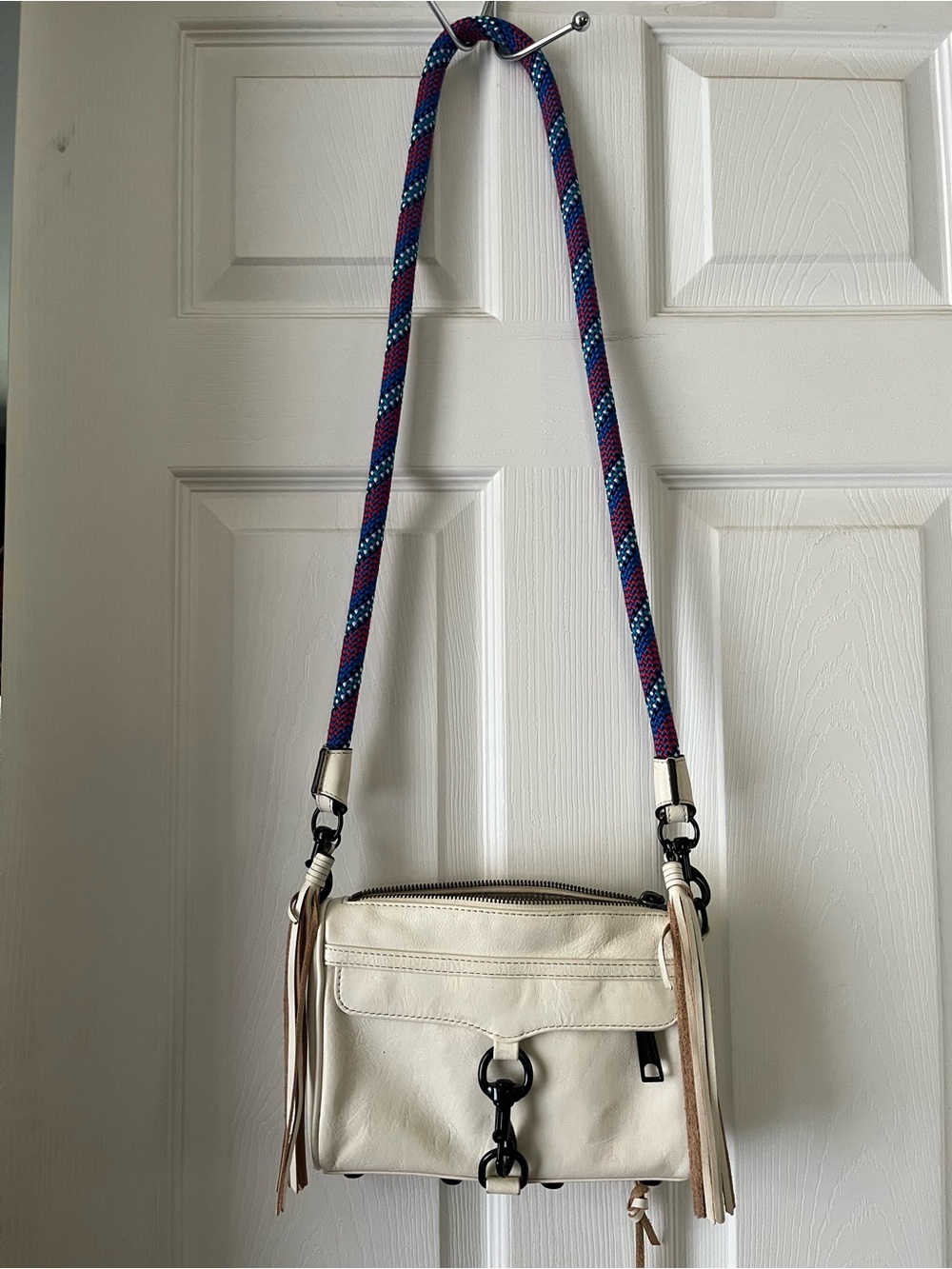 Rebecca Minkoff Cream Leather Crossbody with Multicolor Braided Strap